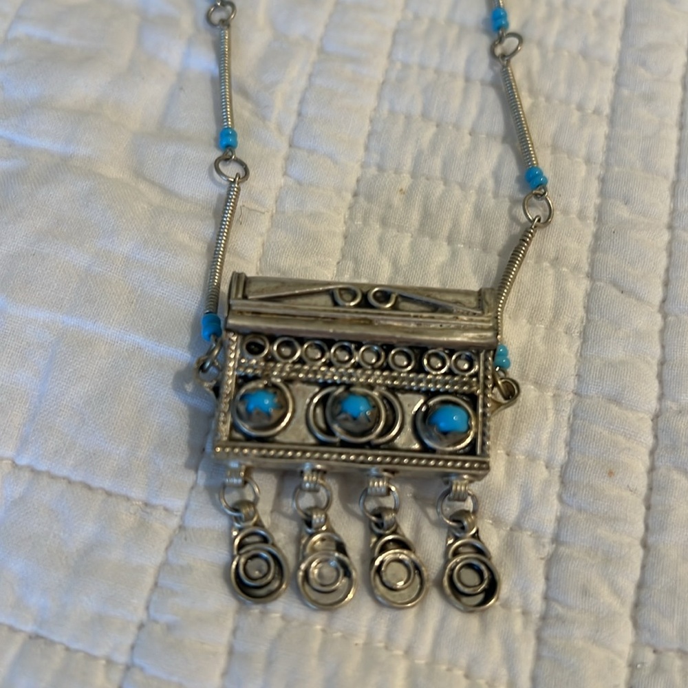 Vintage Moroccan silver metal prayer box necklace 
Homemade